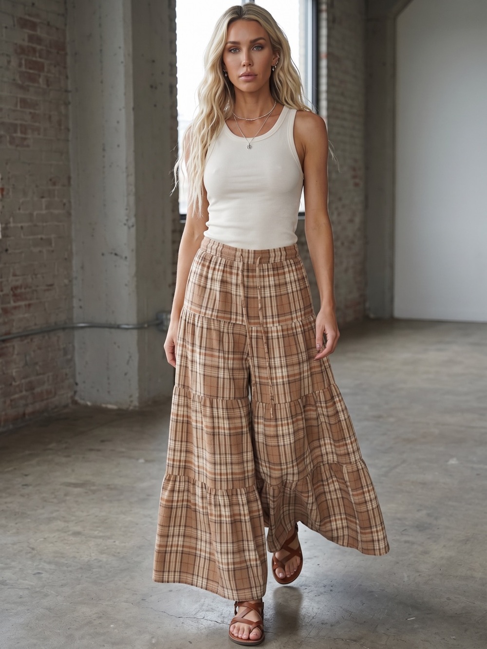 NWT Plaid 90s Wide Leg Tiered Boho Pants Drawstring Waist Tan - Picture 3 of 6